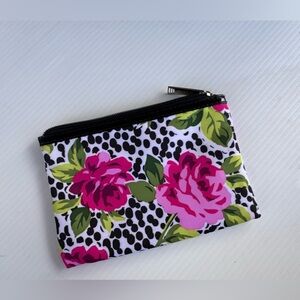 Modella Floral Cosmetic Makeup Bag Zipper Pouch Pink Black Roses